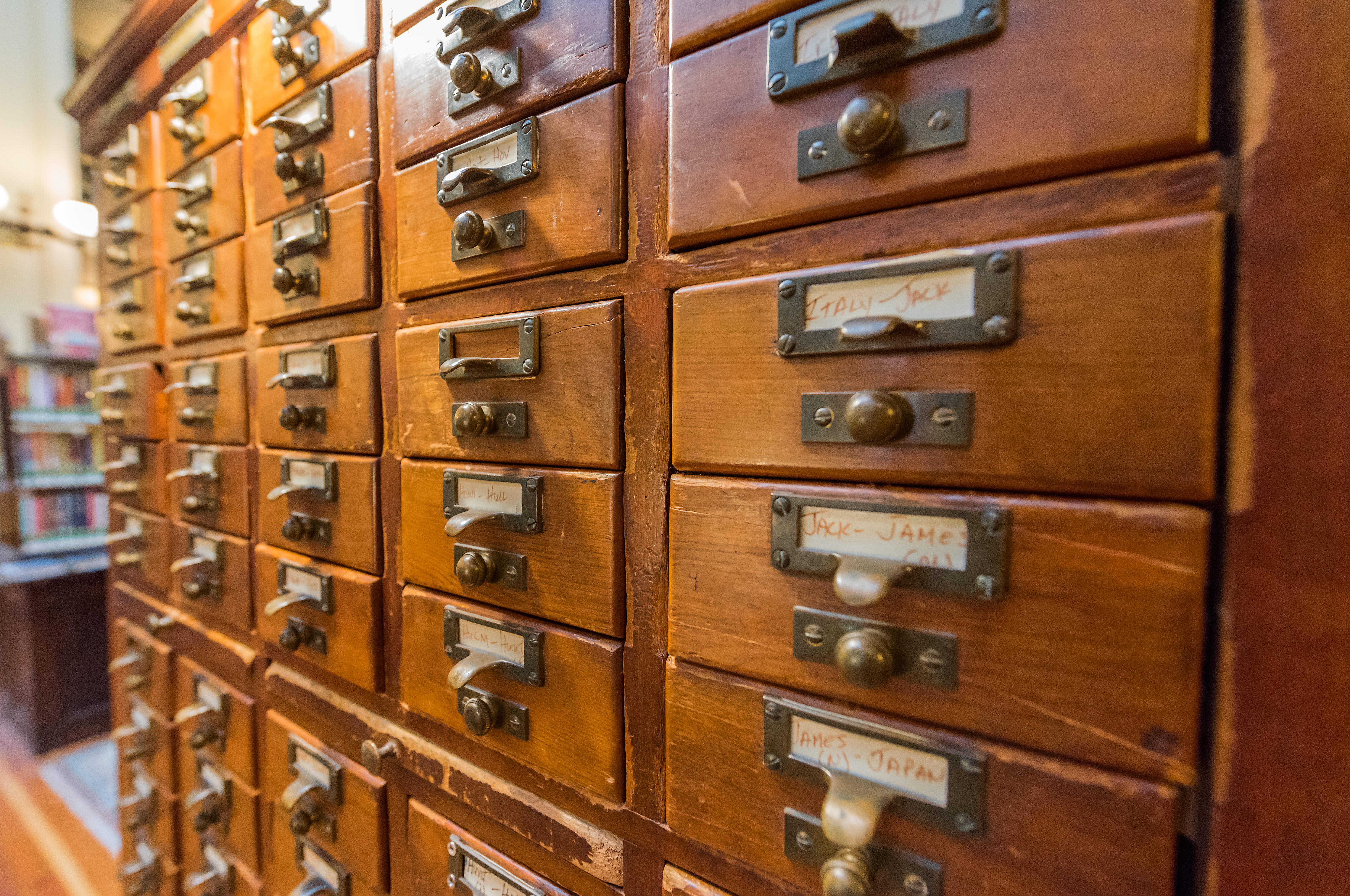 Rows of labelled card-catalog drawers — structured data is the index that lets machines find what you meant